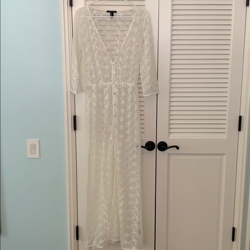 White, sheer, lacy, button up swim suit cover up